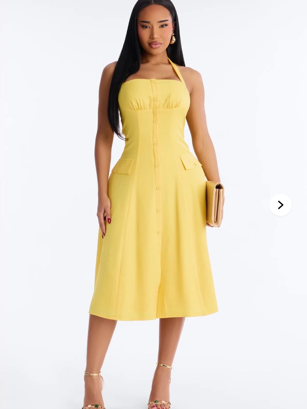 Fashion Nova Yellow Halter Button-Front Midi Dress